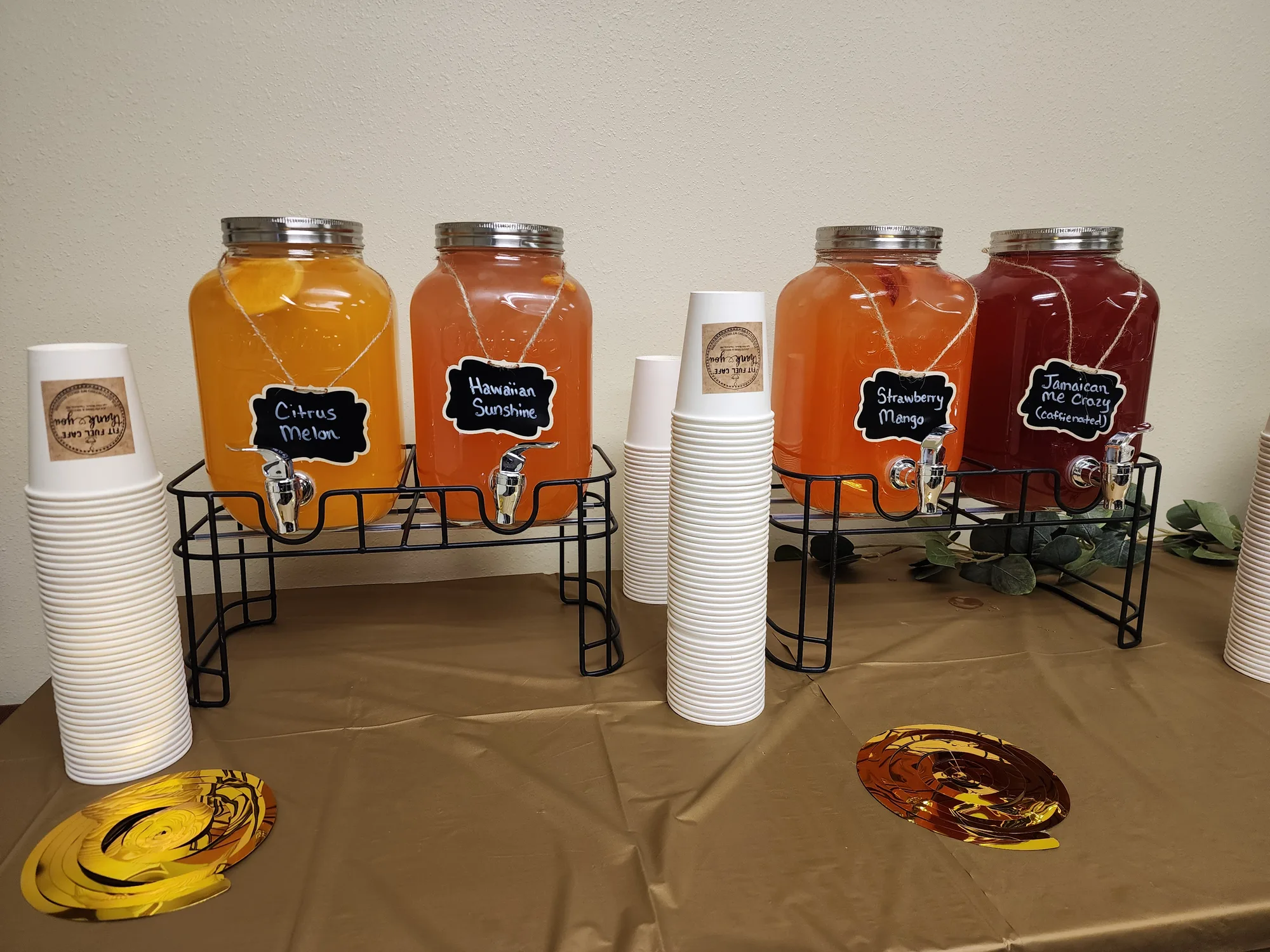 Beverages prepared for a Fit Fuel catering order