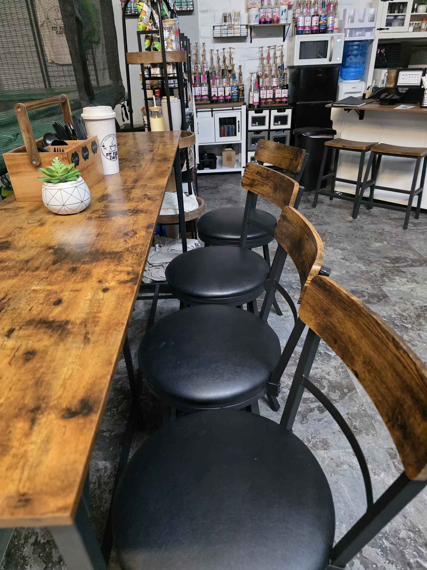 Barstool seating inside Fit Fuel Cafe