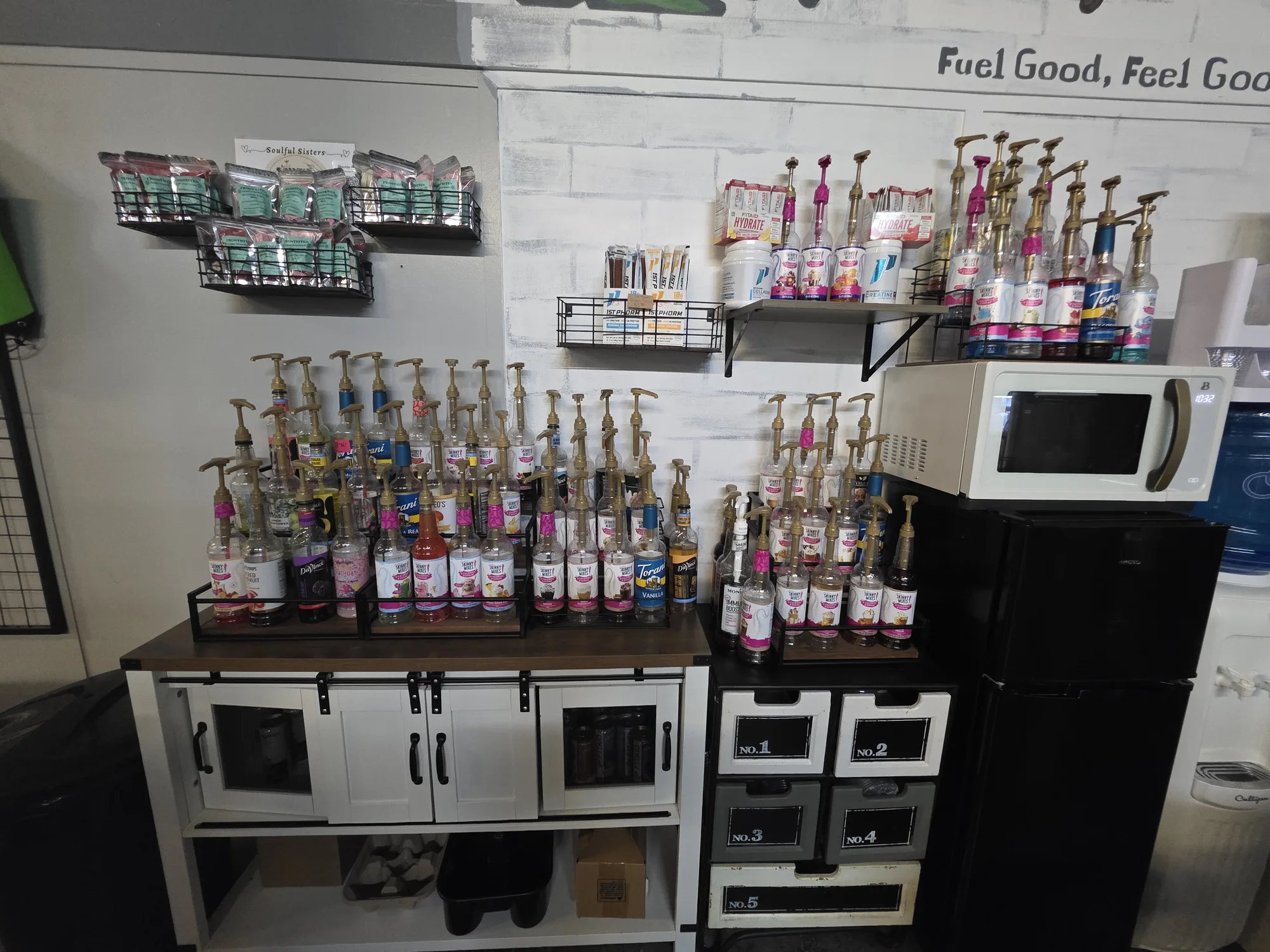 Syrup selection at Fit Fuel Cafe