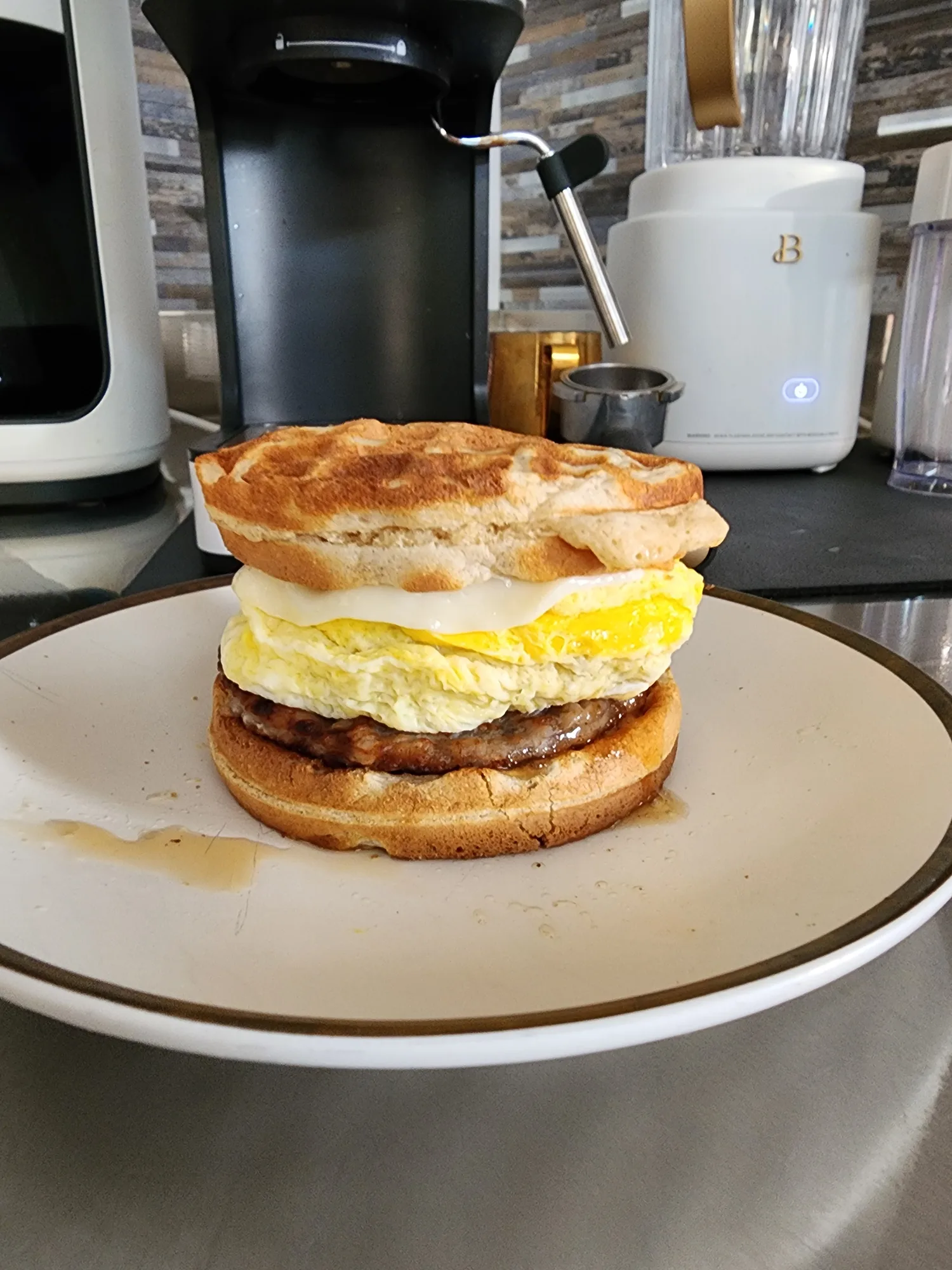 Protein waffle breakfast sandwich from Fit Fuel Cafe