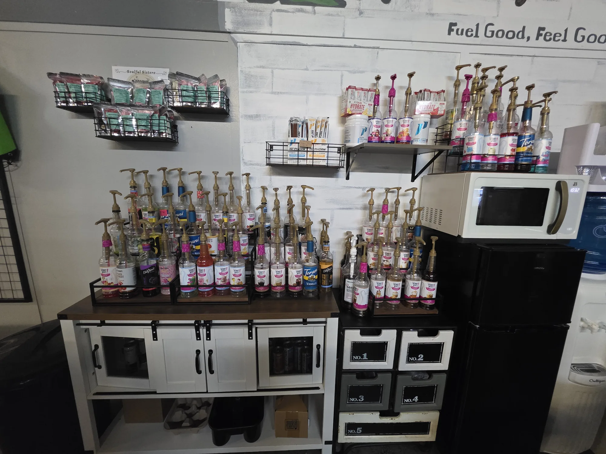 Syrup selection at Fit Fuel Cafe